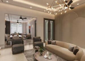 Sophisticated interior of a modern living room with stylish lighting and cozy seating area.