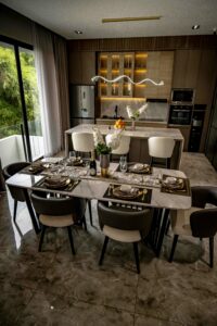 Luxurious dining area in a modern Jakarta home with a view.