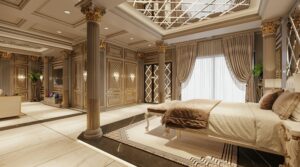 Opulent bedroom with classic decor, grand columns, and elegant furnishings, exuding luxury and sophistication.